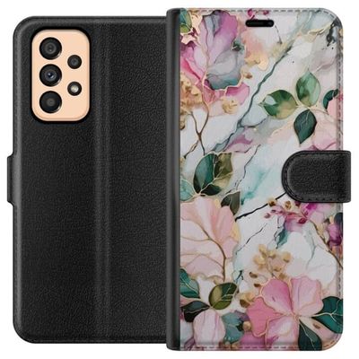 Kompatibelt Lommeboketui til Samsung Galaxy A53 5G Pastellmarmor med blomster blad og subtile gyldne detaljer i myk komposisjon