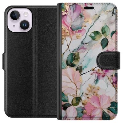 Kompatibelt Lommeboketui til Apple iPhone 15 Pastellmarmor med blomster blad og subtile gyldne detaljer i myk komposisjon