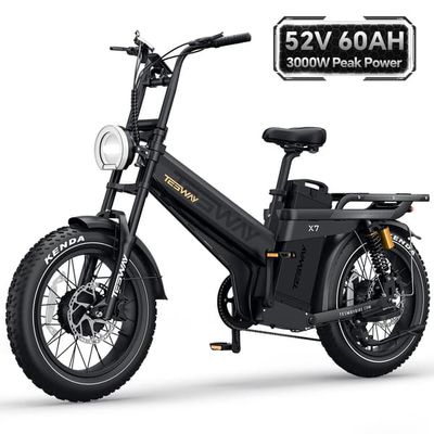 TESWAY X7 AWD Elcykel - 3000W Maxeffekt, 52V 60Ah Batteri, 60 km/h Toppfart, 20" x 4,0" Fatbike-däck, Hydrauliska Bromsar