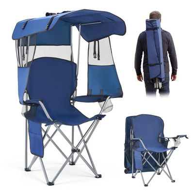 Campingstol med soltag - Sammenklappelig strandstol - 2 Kopholdere - Magasinlomme - Tåler 150 kg - Inkl. Bæretaske - Mørkeblå