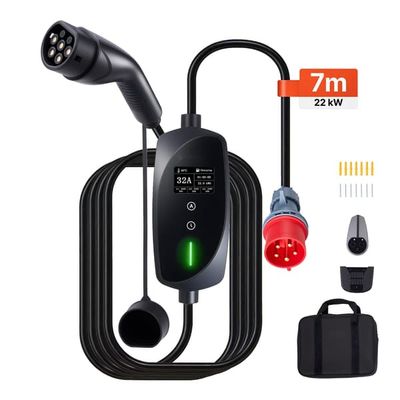 Portabel elbilsladdare - Laddbox Typ 2 3-fas - Effekt 22 kW 32 A - Kabel 7 m - CEE 32A - LCD-skärm - IP66 - Justerbar laddström