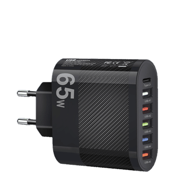 Adapter 65W Universal Hurtigoplader 6 porte – USB-C PD + 5× USB-A (QC 3.0) multiport oplader - SORT