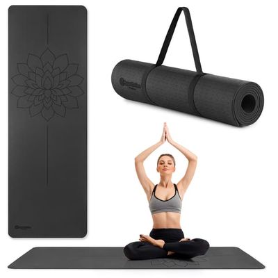 Yogamåtte 6 mm TPE HyperMotion Lotus med rem sort 183x61 cm