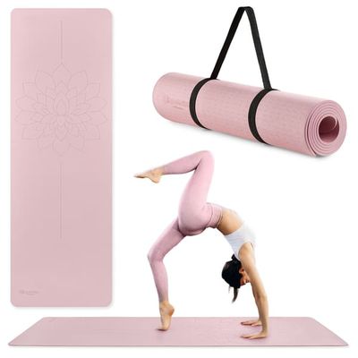 Yogamåtte 6 mm TPE HyperMotion Lotus med rem rosa 183x61 cm