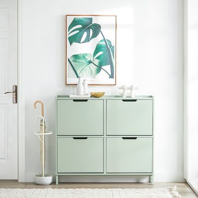 SoBuy Smalt skoskab 100x19x90cm - 4 klapdøre | Pladsbesparende | Grøn FSR100-GR