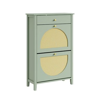 SoBuy Skoskab med 2 klaplåger og 1 skuffe 62x25x97cm – Rottinglook, Justerbare Hylder | Grøn FSR223-GR