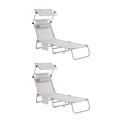 SoBuy 2 x Sammenklappelig Solseng med Nakkepude & Justerbar Solskærm – Til Terrasse & Have | Beige OGS48-MIx2