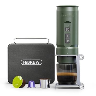 HiBREW H4C Explorer Grøn 120 W ledningsfri espressomaskinesæt, bærbar 20-bar kaffemaskine til NS-kapsler, DG-kapsler og malet kaffe med 100 ml vandtank