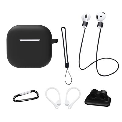AirPods 4 6 in 1 -tarvikkeet kotelo hihnapidike korvakoukut kaulahihna avainrengas - Musta