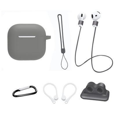 AirPods 4 6 in 1 -tarvikkeet kotelo hihnapidike korvakoukut kaulahihna avainrengas - Harmaa