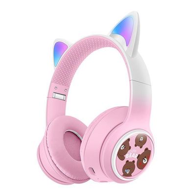 Trådløse On-Ear Hovedtelefoner Glødende Katteøre Bluetooth Gaming Headset - Pink