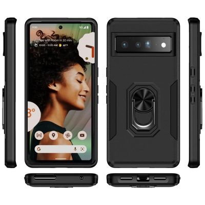 Google Pixel 7 Pro Stødsikker TPU+PC Kickstand Telefontaske Bilmonteret Metalplade - Sort