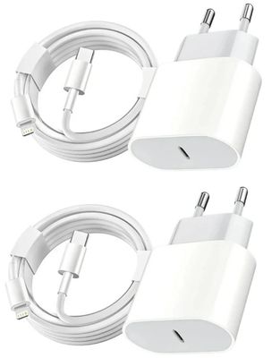 2 Pack Laddare till iPhone + kabel USB-C 20W Snabbladdare vit