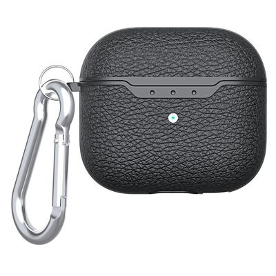 SKALO AirPods 4 Litchi Fodral med Karbinhake - Svart