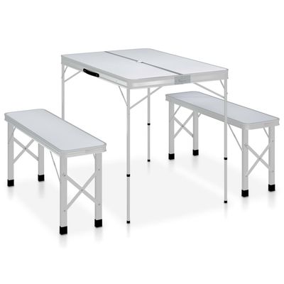 vidaXL Hopfällbart campingbord med 2 bänkar aluminium vit