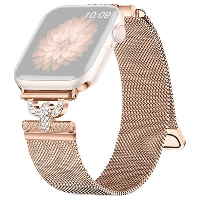 Apple Watch Series 9 45 mm / Ultra 2 strass S-formet milanesisk rem i rustfritt stål - Rose Gull