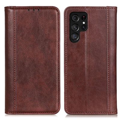 Ekte lærdeksel med magnetisk lukking for Samsung Galaxy S24 Ultra - Brun