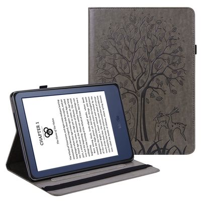 Amazon Kindle Paperwhite 6 (2022) Tablet-etui i læder med påtrykt stativ til træhjort - Grå