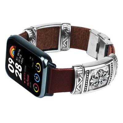 Xiaomi Smart Band 8 Pro urrem med præget design, retro vegansk læderrem - Rødbrun