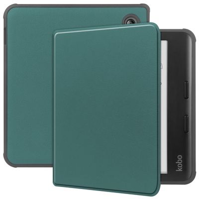 For Kobo Libra Fargetui PU-lær + TPU E-Reader-deksel med støtte for automatisk vekking/søvn - Svartgrønn