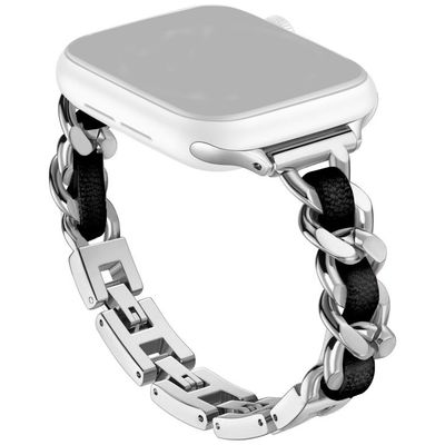 Apple Watch Series 49mm - 45mm - 44mm - 42mm Zinc Alloy+Leather Watch Strap - Silver+Black