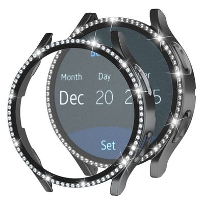 Samsung Galaxy Watch7 44mm Bump Resistant Watch Case Rhinestone Decor Cover with Tempered Glass Film - Black