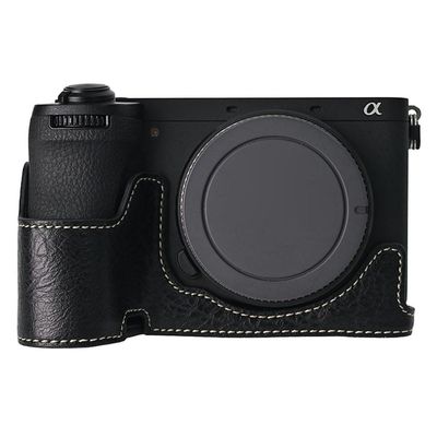 Sony A6700 kamerataske med stor udskæring Litchi Texture Vegansk Læder Protector - Sort