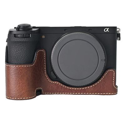 Sony A6700 kamerataske med stor udskæring Litchi Texture Vegansk Læder Protector - Kaffe