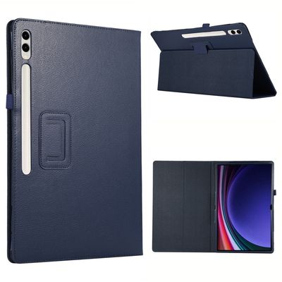 Samsung Galaxy Tab S10 Ultra Case Bi-Fold Stand Leather Tablet Cover Litchi Texture - Dark Blue