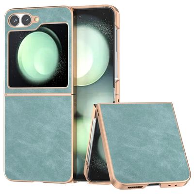 Samsung Galaxy Z Flip6 5G Case Electroplating Vegan Leather Shockproof Phone Cover - Baby Blue