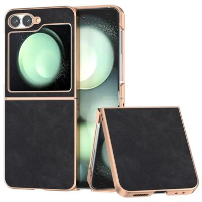 Samsung Galaxy Z Flip6 5G Case Electroplating Vegan Leather Shockproof Phone Cover - Black