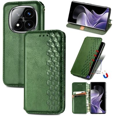 Xiaomi Redmi Note 14 Pro 5G Etui Rhombus Imprint Vegansk lær lommebok telefondeksel - Grønn
