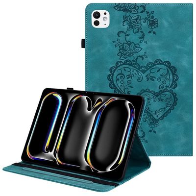 iPad Pro 13 (2024) Lærveske med hjerteavtrykk, sammenleggbart stativ, kortspor og stylus-holder - Grønn