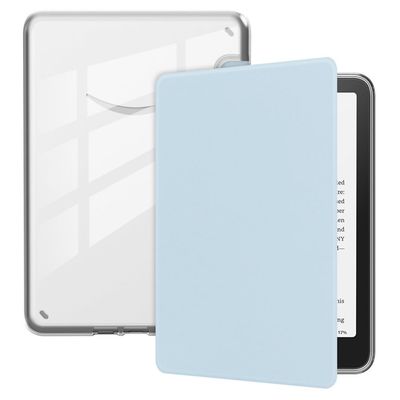 Amazon Kindle 6" (2024) / (2022) etui i vegansk læder og fleksibelt og gennemsigtigt akrylbeskyttelsescover - Babyblå