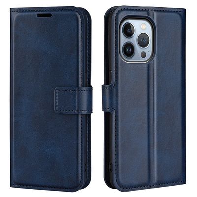 Skinn-etui i lommebok-stil for iPhone 14 Pro Max - Blå