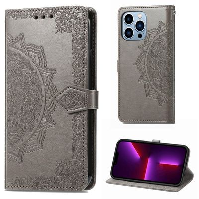 Mandala iPhone 13 Pro Max Flippetui - Grå