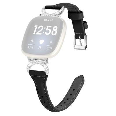 Fitbit Sense 2 / Versa 4 / Sense / 3 Ægte læderrem med rhinestone sølvspænde - Sort