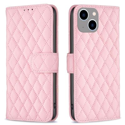 BINFEN COLOR BF Style-14 iPhone 15 Anti-Scratch Cell Phone Shell Imprinted Stand Læder Wallet Smartphone Cover - Lyserød
