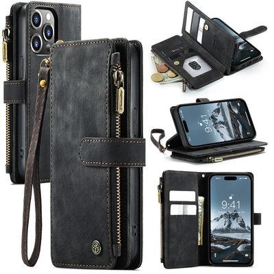 CaseMe telefonetui med glidelås og lommebok for iPhone 15 Pro Max - Svart