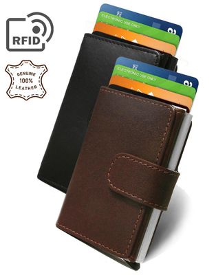 RFID pop-up korthållare i äkta oxläder (brun)