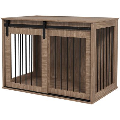 Hundebur Hundeboks Med Skyvedør, Innendørs Hundehus Med Trelook, Låsing, For Store Hunder Opptil 30 Kg, 98 X 58 X 67 Cm, Valnøtt