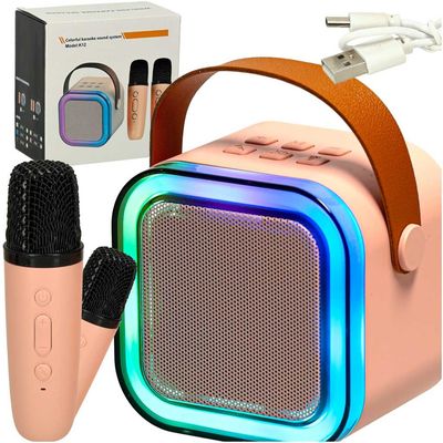 Karaoke set 2 mikrofoner + bärbar högtalare BLUETOOTH USB LED rosa