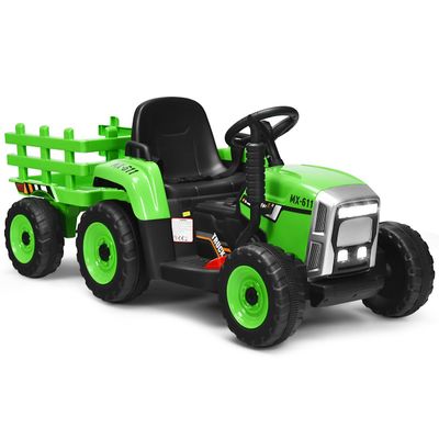 3-trins børnetraktor 12V ride-on traktor med aftagelig trailer & LED lys horn & USB funktioner grøn