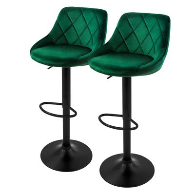 Barstol sæt med 2 grøn fløjlsbeklædning med ryglæn og fodstøtte højdejusterbar 62-82cm ML-Design