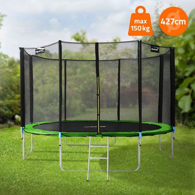 Trampolin Ø427 cm med sikkerhedsnet, stige og polstrede stænger Grøn op til 150 kg HAUKI