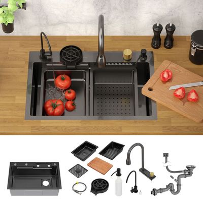 Inbyggnadsdiskbänk med kran komplett set 8-delad antracit 68x46 cm av rostfritt stål ML-Design