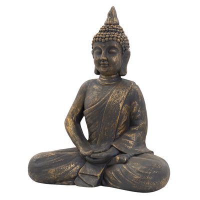 ECD-Germany Buddha huvud staty sitter skulptur Dekofigur Feng Shui sten Polyresin 48 cm Brons optik sten siffra dekorera Gartenfigur Asien