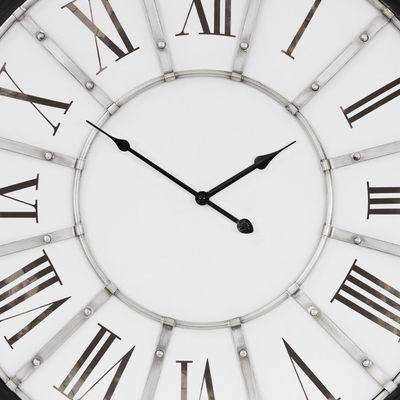 WOMO-DESIGN | XXL Stor Väggklocka Göteborg rund Ø71 cm; Vit-Svart; Trä-Metall; Vintage-stil; Retro Dekoration; Romerska siffror; Ljudlös; Tyst