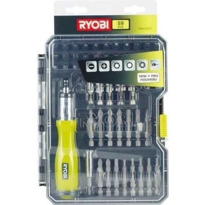 RYOBI - 59-osainen ruuvaus- ja pulttaustarvikesarja PH / PZ / SL / HEX / TX räikkäruuvimeisselillä - RAK59SD