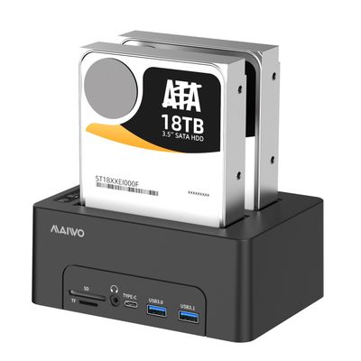 Maiwo HDD USB-C Dobbel dockingstasjon med klone 10 Gbps HDMI 4K60Hz Giga Lan kortleser SD og MicroSD USB HUB 2xUSB-A og 2xUSB-C